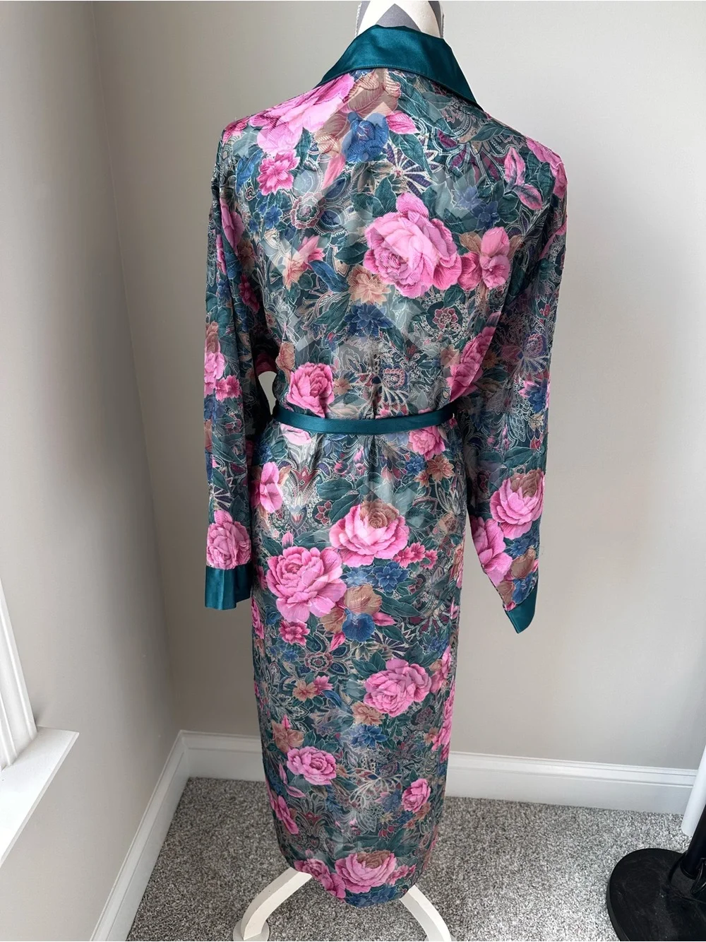 Vintage 1990s Victoria Secret Gold Label Long Robe Medium Sheer Rose Pink Green